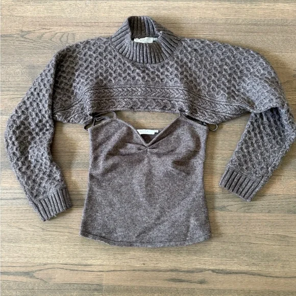 Anthropologie ASTR The Label Cable Knit Sweater Shrug Set-Brown-Size Medium - Picture 6 of 16